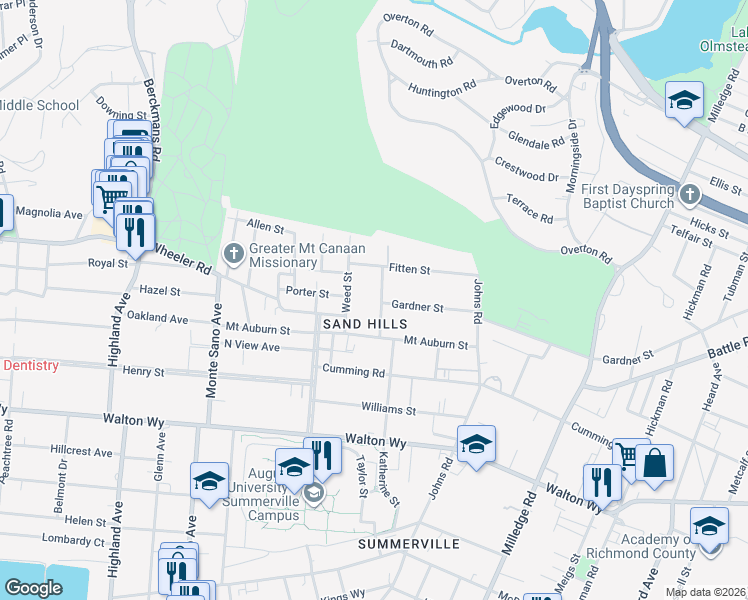 map of restaurants, bars, coffee shops, grocery stores, and more near 627 Montgomery Street in Augusta