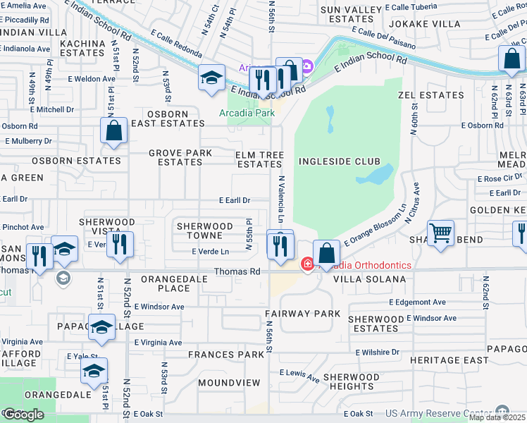 map of restaurants, bars, coffee shops, grocery stores, and more near 3030 North 56th Street in Phoenix