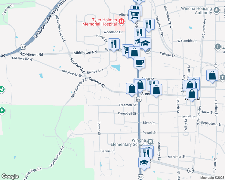 map of restaurants, bars, coffee shops, grocery stores, and more near 664 Summit Street in Winona