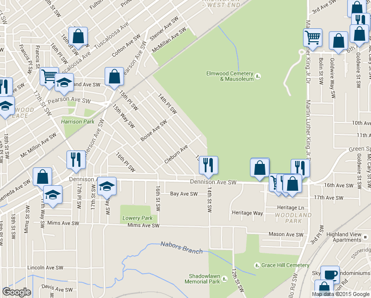 map of restaurants, bars, coffee shops, grocery stores, and more near 1300 15th St SW in Birmingham
