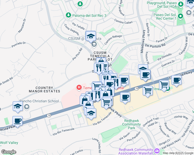 map of restaurants, bars, coffee shops, grocery stores, and more near 44065 Margarita Road in Temecula