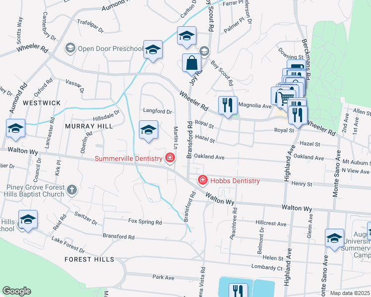 map of restaurants, bars, coffee shops, grocery stores, and more near 708 Bransford Road in Augusta
