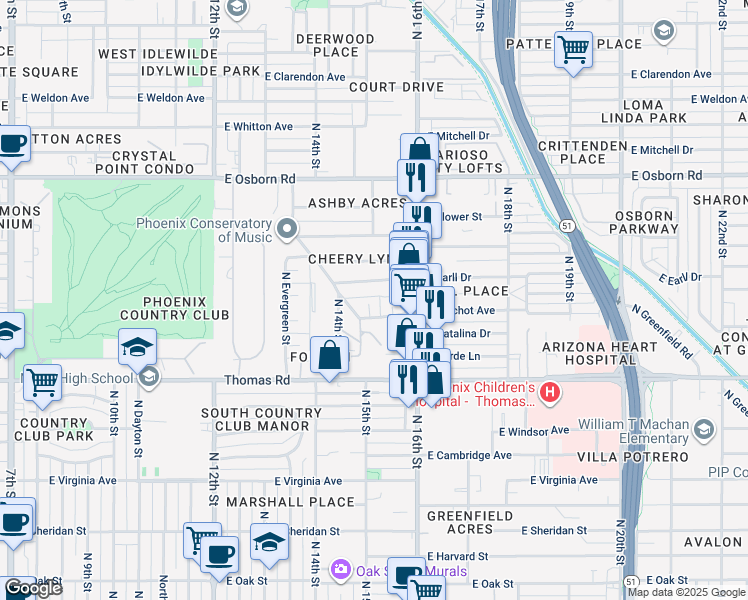 map of restaurants, bars, coffee shops, grocery stores, and more near 3029 North 15th Street in Phoenix