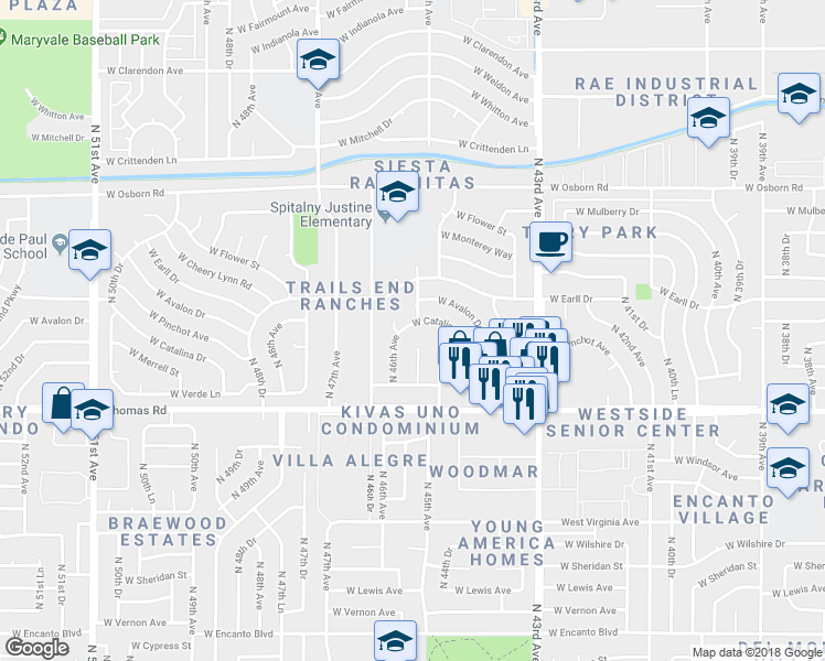 map of restaurants, bars, coffee shops, grocery stores, and more near 4517 West Catalina Drive in Phoenix