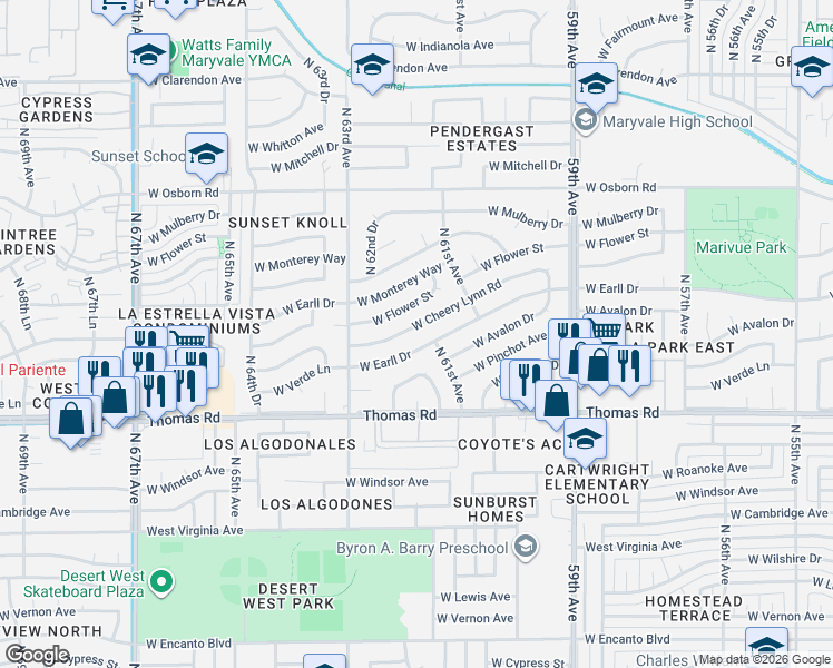 map of restaurants, bars, coffee shops, grocery stores, and more near 6157 West Cheery Lynn Road in Phoenix