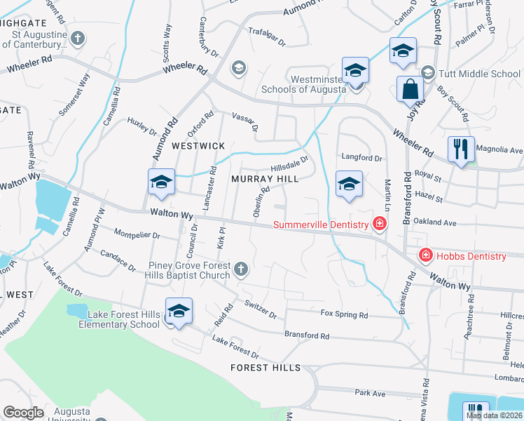 map of restaurants, bars, coffee shops, grocery stores, and more near 760 Oberlin Road in Augusta