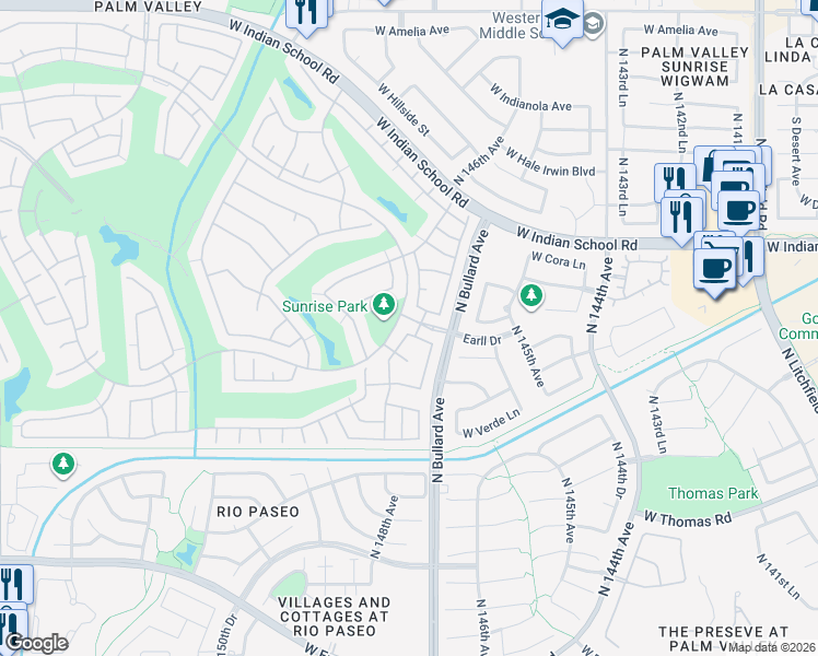 map of restaurants, bars, coffee shops, grocery stores, and more near 3166 North 148th Avenue in Goodyear