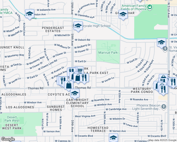 map of restaurants, bars, coffee shops, grocery stores, and more near 3023 N 57th Ln in Phoenix
