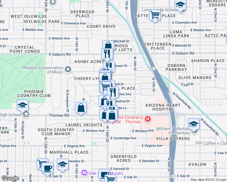 map of restaurants, bars, coffee shops, grocery stores, and more near 1620 East Pinchot Avenue in Phoenix