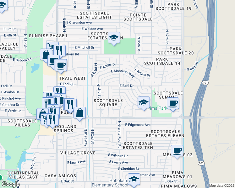 map of restaurants, bars, coffee shops, grocery stores, and more near 8401 East Avalon Drive in Scottsdale