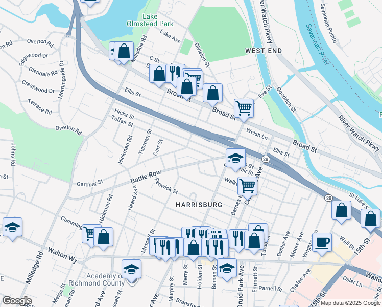 map of restaurants, bars, coffee shops, grocery stores, and more near 1944 Telfair Street in Augusta