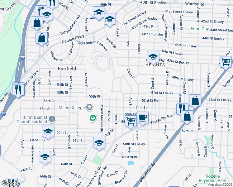 map of restaurants, bars, coffee shops, grocery stores, and more near 713 51st Street Ensley in Fairfield