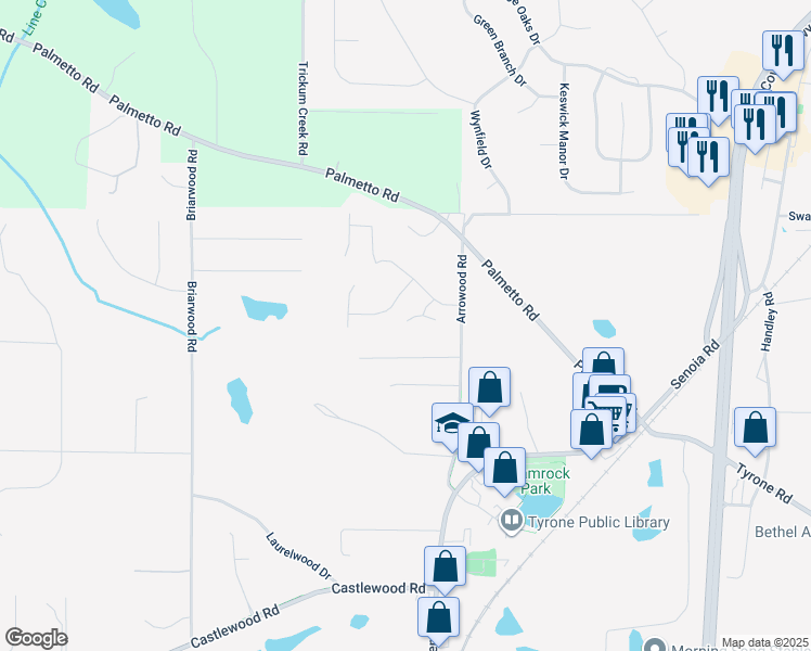map of restaurants, bars, coffee shops, grocery stores, and more near 125 Valley View Ct in Tyrone