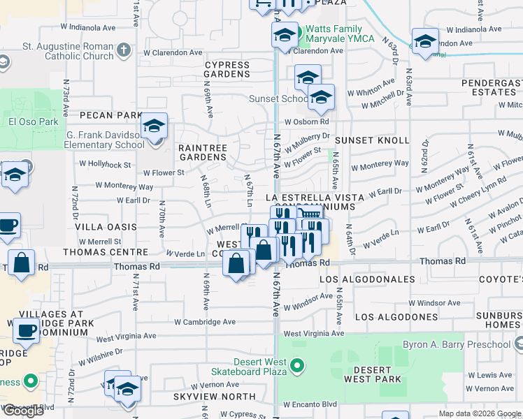 map of restaurants, bars, coffee shops, grocery stores, and more near 6724 West Catalina Drive in Phoenix