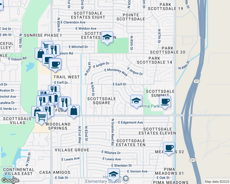 map of restaurants, bars, coffee shops, grocery stores, and more near 8401 East Avalon Drive in Scottsdale
