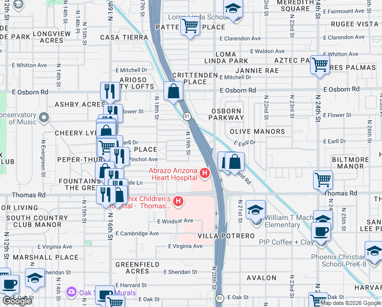 map of restaurants, bars, coffee shops, grocery stores, and more near 1901 East Avalon Drive in Phoenix