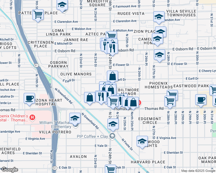 map of restaurants, bars, coffee shops, grocery stores, and more near 3032 North 24th Street in Phoenix