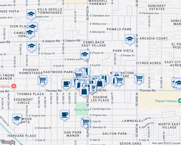 map of restaurants, bars, coffee shops, grocery stores, and more near 3001 North 32nd Street in Phoenix