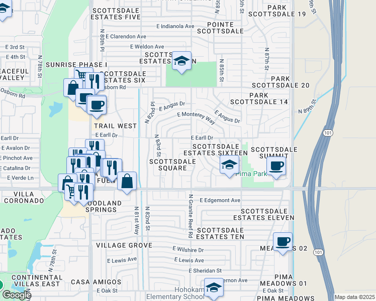 map of restaurants, bars, coffee shops, grocery stores, and more near 8401 East Avalon Drive in Scottsdale