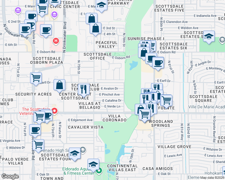 map of restaurants, bars, coffee shops, grocery stores, and more near 7707 East Avalon Drive in Scottsdale
