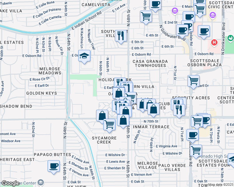 map of restaurants, bars, coffee shops, grocery stores, and more near 6728 East Avalon Drive in Scottsdale