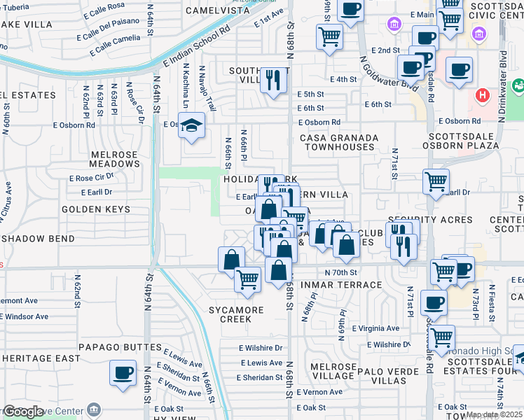 map of restaurants, bars, coffee shops, grocery stores, and more near 6728 East Avalon Drive in Scottsdale