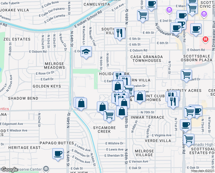 map of restaurants, bars, coffee shops, grocery stores, and more near 6634 East Avalon Drive in Scottsdale