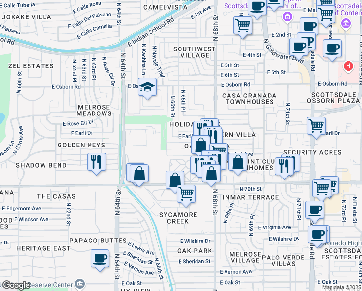 map of restaurants, bars, coffee shops, grocery stores, and more near 6634 East Avalon Drive in Scottsdale