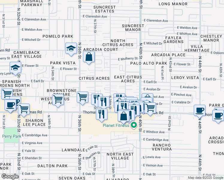 map of restaurants, bars, coffee shops, grocery stores, and more near 3017 North 38th Street in Phoenix