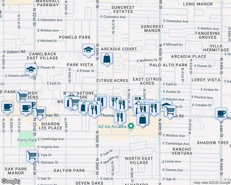 map of restaurants, bars, coffee shops, grocery stores, and more near 3708 East Pinchot Avenue in Phoenix