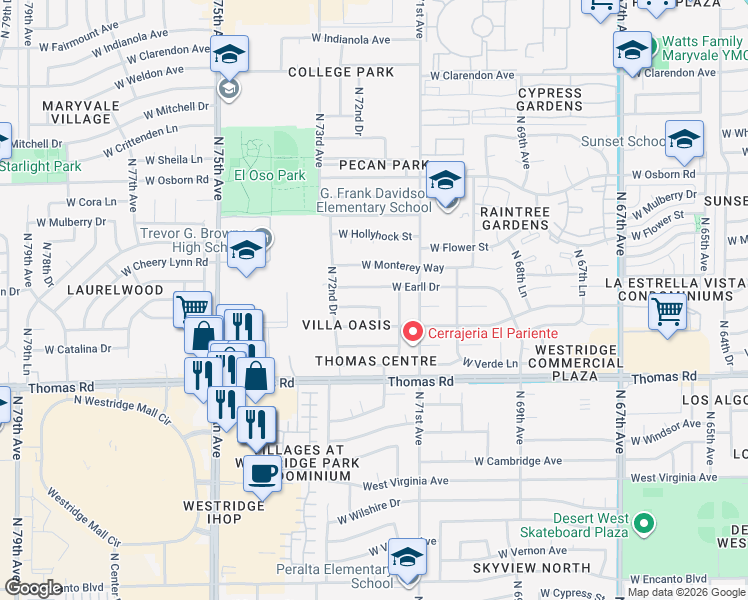 map of restaurants, bars, coffee shops, grocery stores, and more near 7130 West Avalon Drive in Phoenix