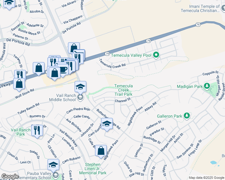 map of restaurants, bars, coffee shops, grocery stores, and more near 33592 Winston Way in Temecula