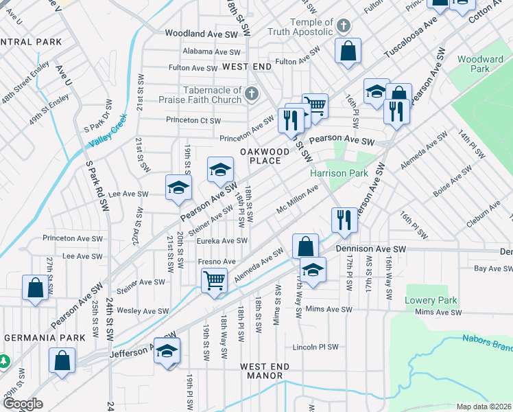 map of restaurants, bars, coffee shops, grocery stores, and more near 1793 Steiner Avenue Southwest in Birmingham