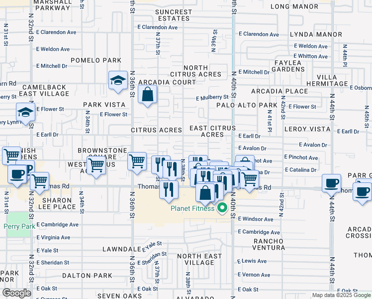 map of restaurants, bars, coffee shops, grocery stores, and more near 3017 North 38th Street in Phoenix