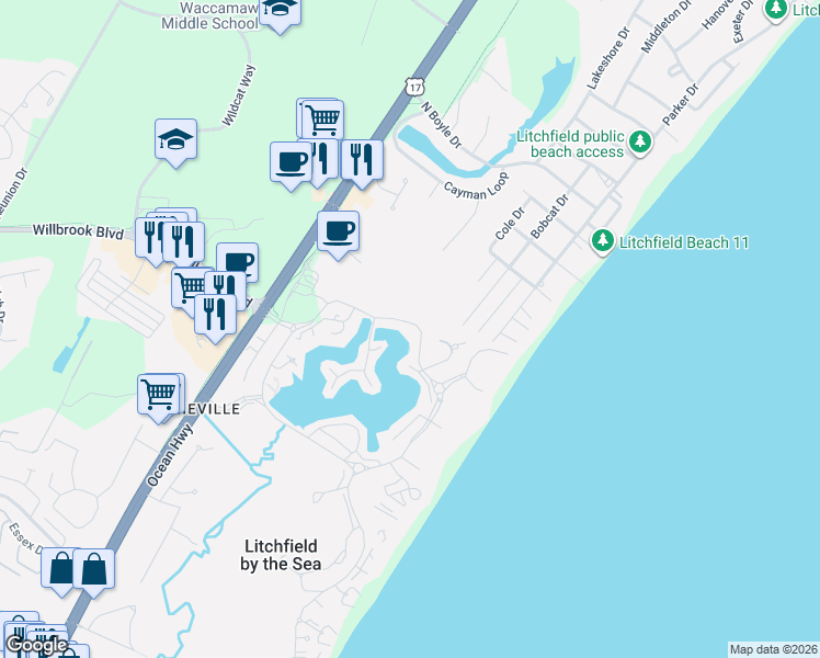 map of restaurants, bars, coffee shops, grocery stores, and more near 301 Retreat Beach Cir in Pawleys Island