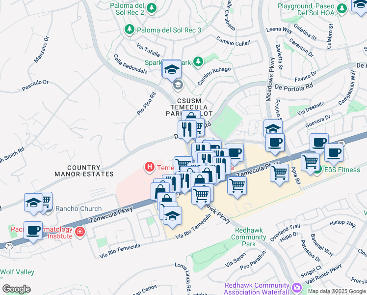 map of restaurants, bars, coffee shops, grocery stores, and more near 44065 Margarita Road in Temecula