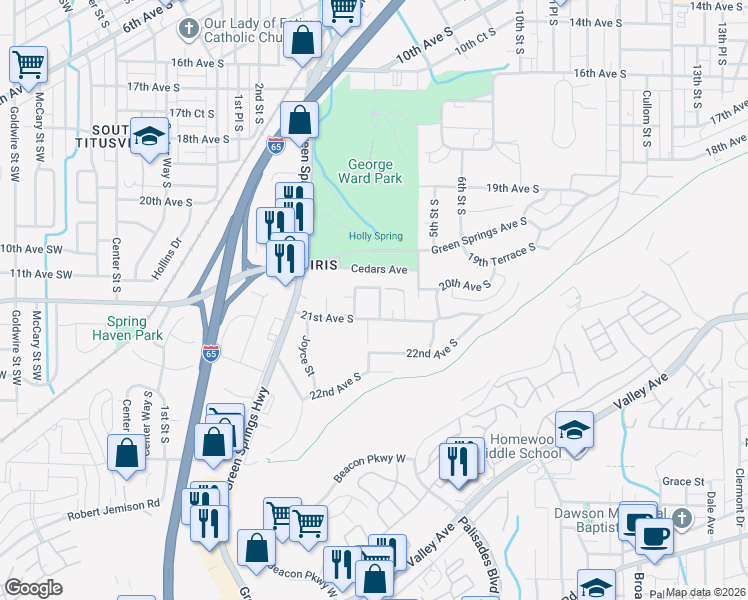 map of restaurants, bars, coffee shops, grocery stores, and more near 2008 4th Street South in Birmingham