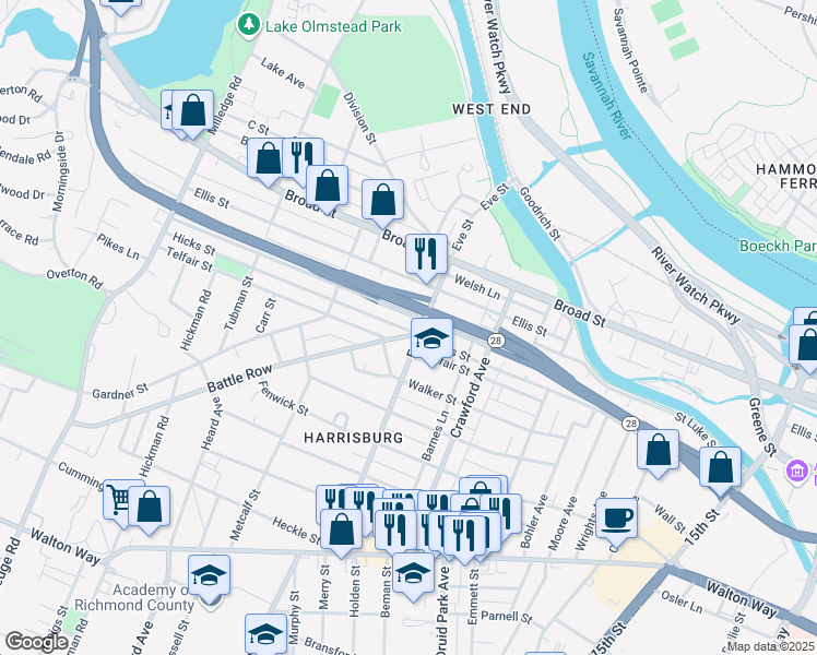 map of restaurants, bars, coffee shops, grocery stores, and more near 1907 Hicks Street in Augusta