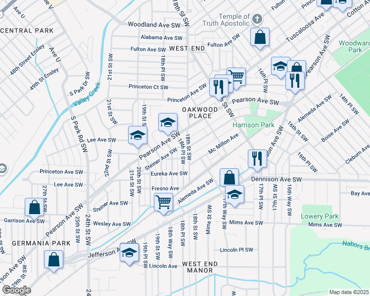 map of restaurants, bars, coffee shops, grocery stores, and more near 727 18th Place Southwest in Birmingham