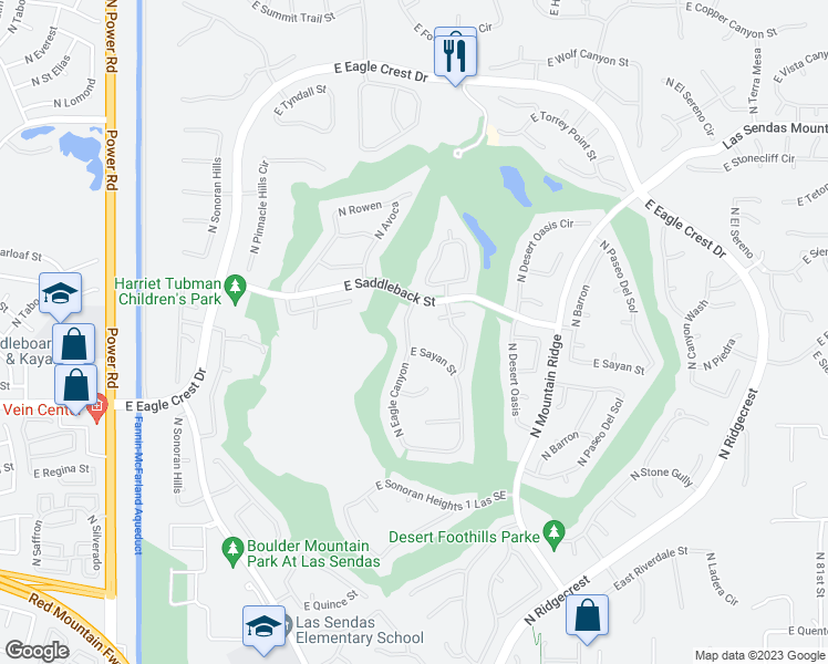 map of restaurants, bars, coffee shops, grocery stores, and more near 3643 North Eagle Canyon in Mesa