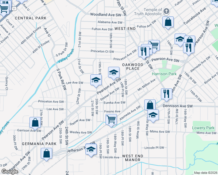 map of restaurants, bars, coffee shops, grocery stores, and more near 708 18th Way Lane Southwest in Birmingham