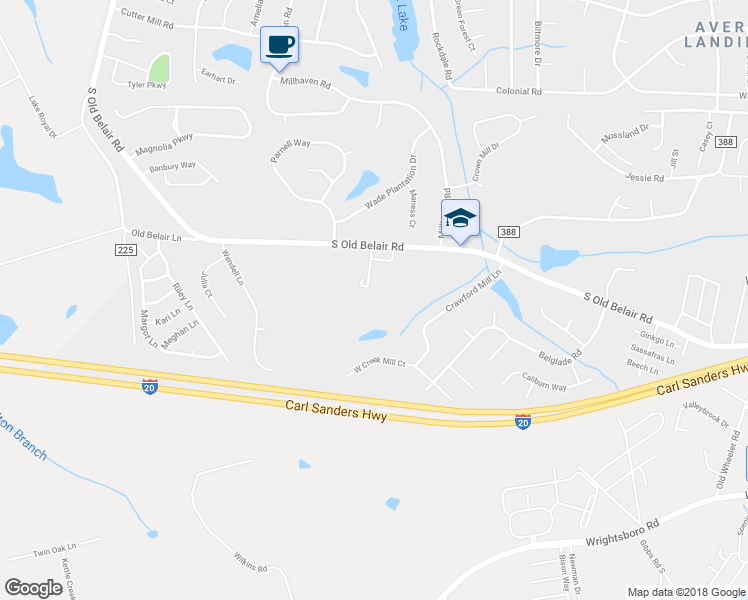 map of restaurants, bars, coffee shops, grocery stores, and more near 455 South Old Belair Road in Grovetown