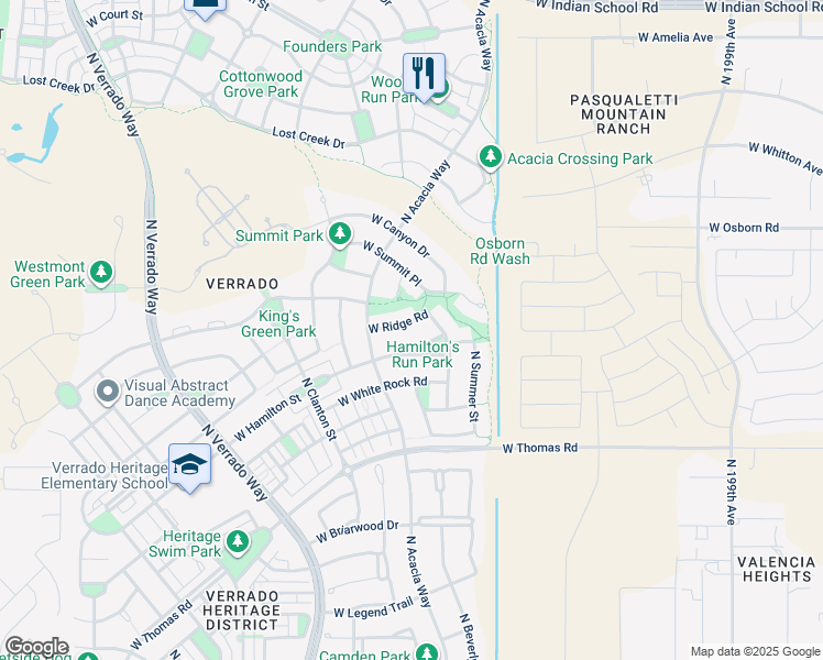 map of restaurants, bars, coffee shops, grocery stores, and more near 20477 West Ridge Road in Buckeye