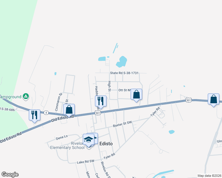 map of restaurants, bars, coffee shops, grocery stores, and more near 304 High Street in Orangeburg