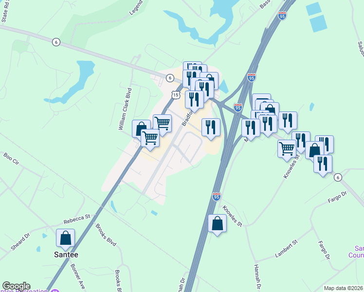 map of restaurants, bars, coffee shops, grocery stores, and more near 1 Andre Michaux Road in Santee