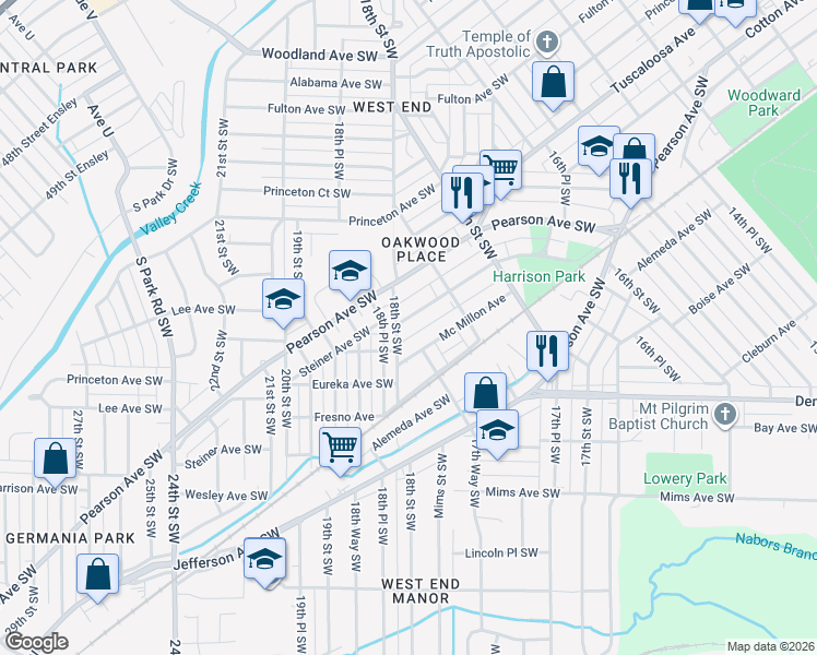 map of restaurants, bars, coffee shops, grocery stores, and more near 1793 Steiner Avenue Southwest in Birmingham