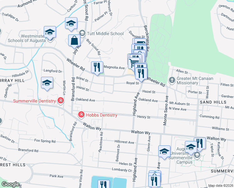 map of restaurants, bars, coffee shops, grocery stores, and more near 2720 Hazel Street in Augusta