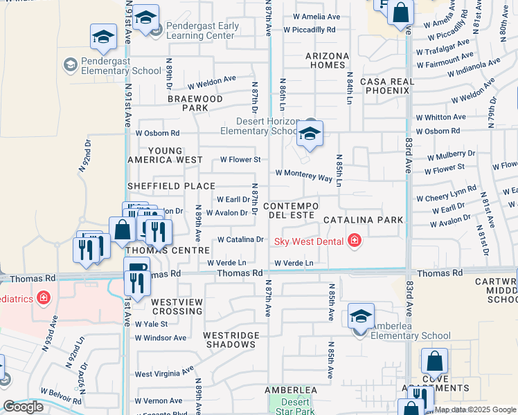map of restaurants, bars, coffee shops, grocery stores, and more near 3047 North 87th Drive in Phoenix