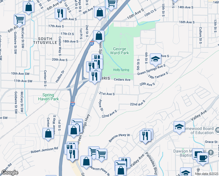 map of restaurants, bars, coffee shops, grocery stores, and more near 250 21st Avenue South in Birmingham