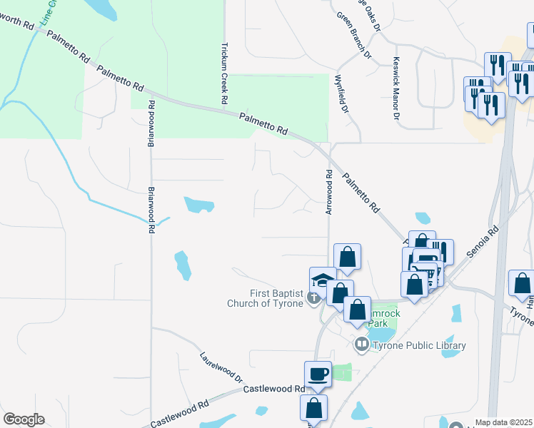 map of restaurants, bars, coffee shops, grocery stores, and more near 160 Meadowview Drive in Tyrone
